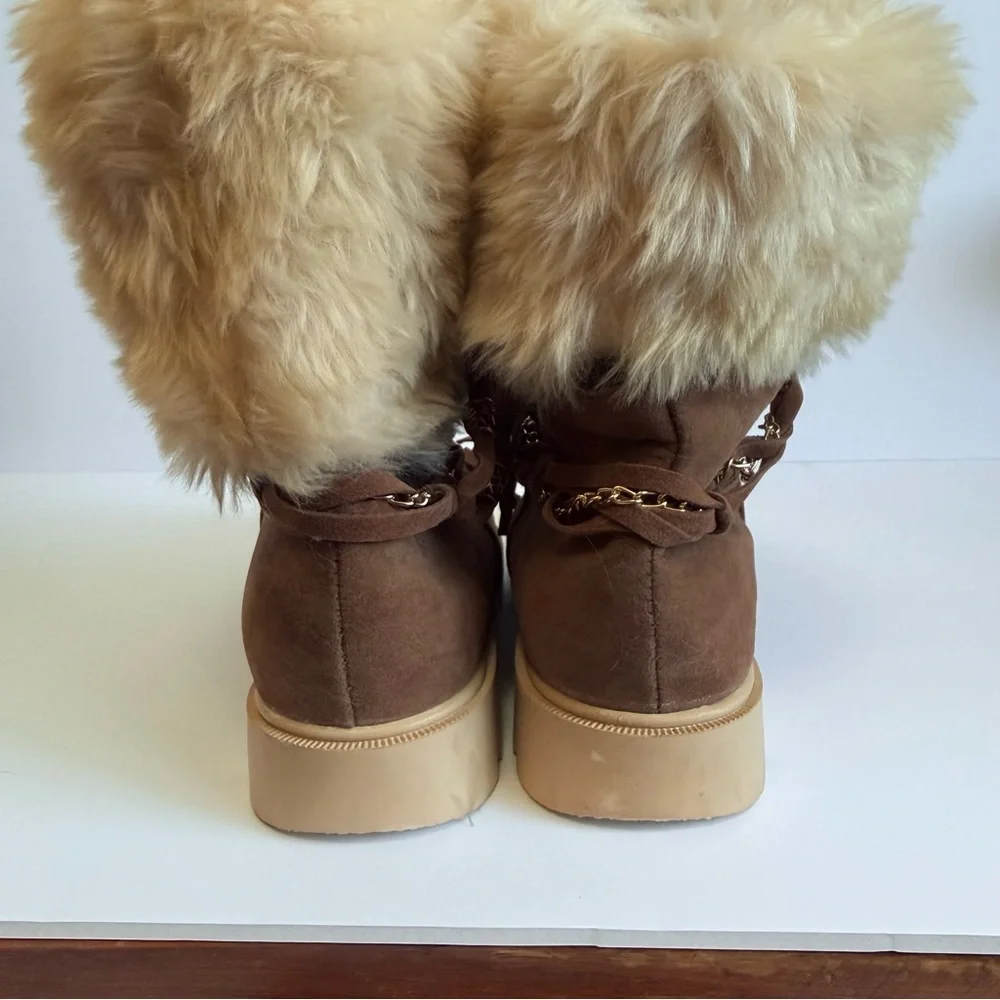 Boho Chic Chestnut Suede Furry Winter Boots | Chain & Tassel Accents